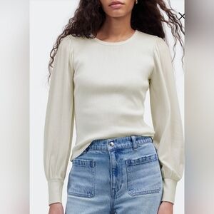Madewell Brushed Puff Sleeve Top Ivory Small NG574 Classic Quiet Luxury Staple